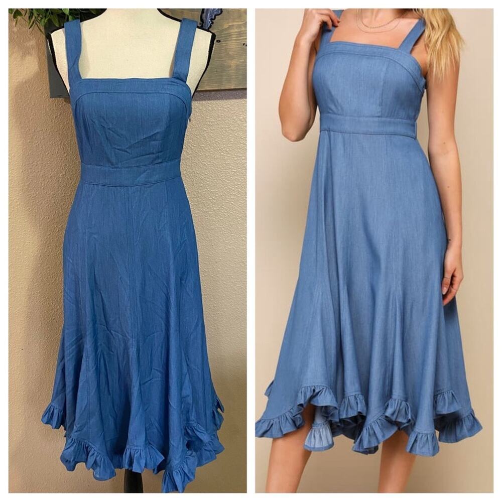 NWOT Lulus Darling Time Blue Chambray Handkerchief Midi Dress With Pocke…